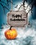 Scary Halloween background with pumpkin and wooden sign.