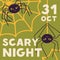 Scary Halloween card design with cute funny spiders on web. Square background template for October holiday night