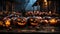 Scary Halloween collection of dozens of carved pumpkins outside on Hallows Eve - generative AI