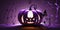 Scary Halloween decor. Purple pumpkin with angry carved face and light inside and spider web, net around on dark