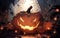 Scary Halloween pumpkin in autumn forest at night - anime style. Celebration, holiday concept