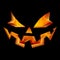 Scary Halloween Pumpkin Face, Carved Jack O Lantern Laughing and Smiling Fire Flames Lighting Interior