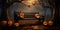 Scary halloween pumpkin, A spooky forest sunset with a haunted evil glowing eyes of Jack O\\\' Lanterns on a wooden bench