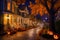Scary Halloween street shrouded in an eerie midnight darkness generated by Ai