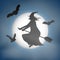 Scary haloween vector with a witch flying in front of a full moon.