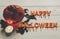 Scary happy halloween text, dark spooky jack lantern pumpkin wit