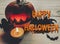 Scary happy halloween text. dark spooky jack lantern pumpkin wit