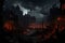 Scary haunted house at night. Halloween concept. 3D rendering, A haunting image of a once vibrant cityscape transformed into a