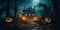 Scary haunted houses in dark creepy forest on spooky Halloween night