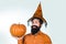 Scary hipster man with beard in Halloween hat. Happy Halloween Weekends. Trick or treat. Handsome man in Halloween hat