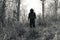 A scary, hooded figure with glowing evil eyes and blank black space where his face should be, standing in a forest in winter. With