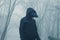 A scary hooded figure wearing a Halloween plague doctors mask. In a foggy winters forest