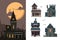 Scary houses. Spooky buildings outdoor village haunted horror constructions for halloween party vector flat pictures