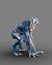 Scary humanoid alien creature with blue grey skin and sharp teeth crouching on all fours. 3D rendering isolated on grey background