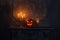 Scary laughing pumpkin and old skull on ancient gothic fireplace. Halloween, witchcraft and magic.