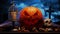 Scary laughing pumpkin and an old skull over the frightening gothic cemetery background. Halloween, witchcraft and magic