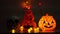 Scary laughing pumpkins and old skulls on the table. Halloween. Witchcraft and magic. Halloween pumpkins glow scary in the night f