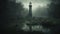 A scary lighthouse in a haunted swamp, with mist, vines,