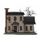 Scary Mansion, Abandoned Two Storey House Building with Boarded Up Windows and Creepy Trees Vector Illustration on White
