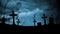 Scary and mystical cemetery at night with tombstones, graves and crosses on a moonlight night. Halloween, magic and