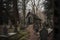 scary old abandoned graveyard and church in the woods at cloudy autumnal day, neural network generated photorealistic