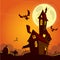 Scary old ghost haunted house. Halloween card or poster. Vector illustration.