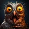 Scary Owl Holding Fish: Grotesque Caricature With Expressive Facial Animation