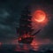 A Scary Pirate Ship Ominously Sailing Through The Dark Skies Generative AI