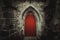 Scary pointy red wooden door in an old and wet stone wall building with cross, skull and bones at both sides. Concept mystery,