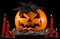 Scary pumpkin, jack lantern, pumpkin halloween, red candles on a black background, halloween theme, pumpkin killer