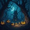 Scary pumpkins in dark forest and haunted house at Halloween night.