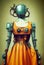 Scary robot woman android. Old metal, mechanisms, gears