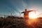 Scary scarecrow with a halloween pumpkin head in a field at sunset. Halloween background, copy space