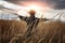 Scary scarecrow in a wheat field at sunset