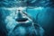 Scary shark with big teeth swims underwater. Created with Generative AI technology