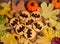 Scary tasty cookies with bats, autumn leaves, acorns and walnuts, decorative pumpkin on wooden background.