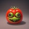 The scary tomato has a carved pumpkin appearance with eyes and teeth. AI generated