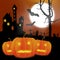 Scary vector haloween landscape with haunted house, graveyard and carved pumpkins in full moon.