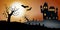 Scary vector haloween landscape with a haunted house, a graveyard and flying bats in full moon.