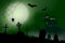 Scary vector haloween landscape with a haunted house, a graveyard and a spider in full moon.