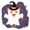 Scary Wild Animal - Tiger for Halloween. The character is a ghost in white, wearing a witchs hat and spiders on purple