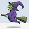 Scary witch riding broomstick cartoon