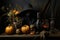 Scary witch statue with laughing pumpkins and an old skull in a gothic interior