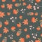 Scattered autumn leaves berries acorn seamless vector background. Abstract fall pattern red orange gray. Repeating