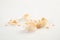 Scattered bread crumbs on white background