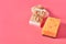 Scattered bricks of soap in vintage packing near sponge on pink background