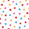 Scattered coloured round dots and triangles. Geometric seamless pattern for children.