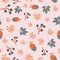 Scattered fall leaves berries acorn seamless vector background. Abstract fall pattern pink orange gray. Repeating