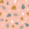 Scattered fall leaves seamless vector background. Abstract fall pattern pink teal white gold brown. Repeating texture