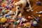 scattered garbage on floor, dog toys mixed in